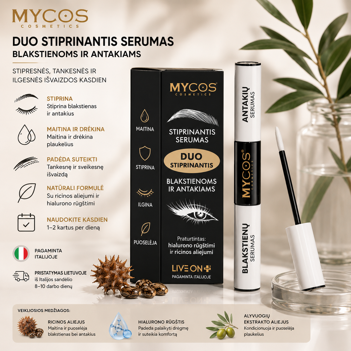 MYCOS Cosmetics – stiprinantis serumas blakstienoms ir antakiams